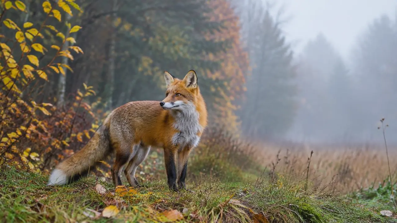 A red fox at the edge of a misty autumn forest