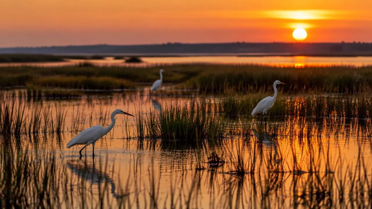 Egrets wading through a coastal wetland at sunset