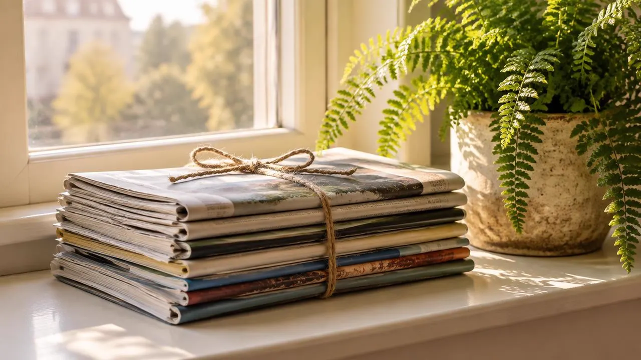 A tied stack of magazines and newspapers beside a fern on a windowsill