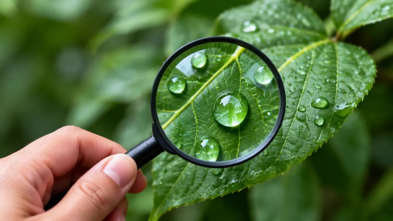 A magnifying glass held over a leaf covered in dew drops