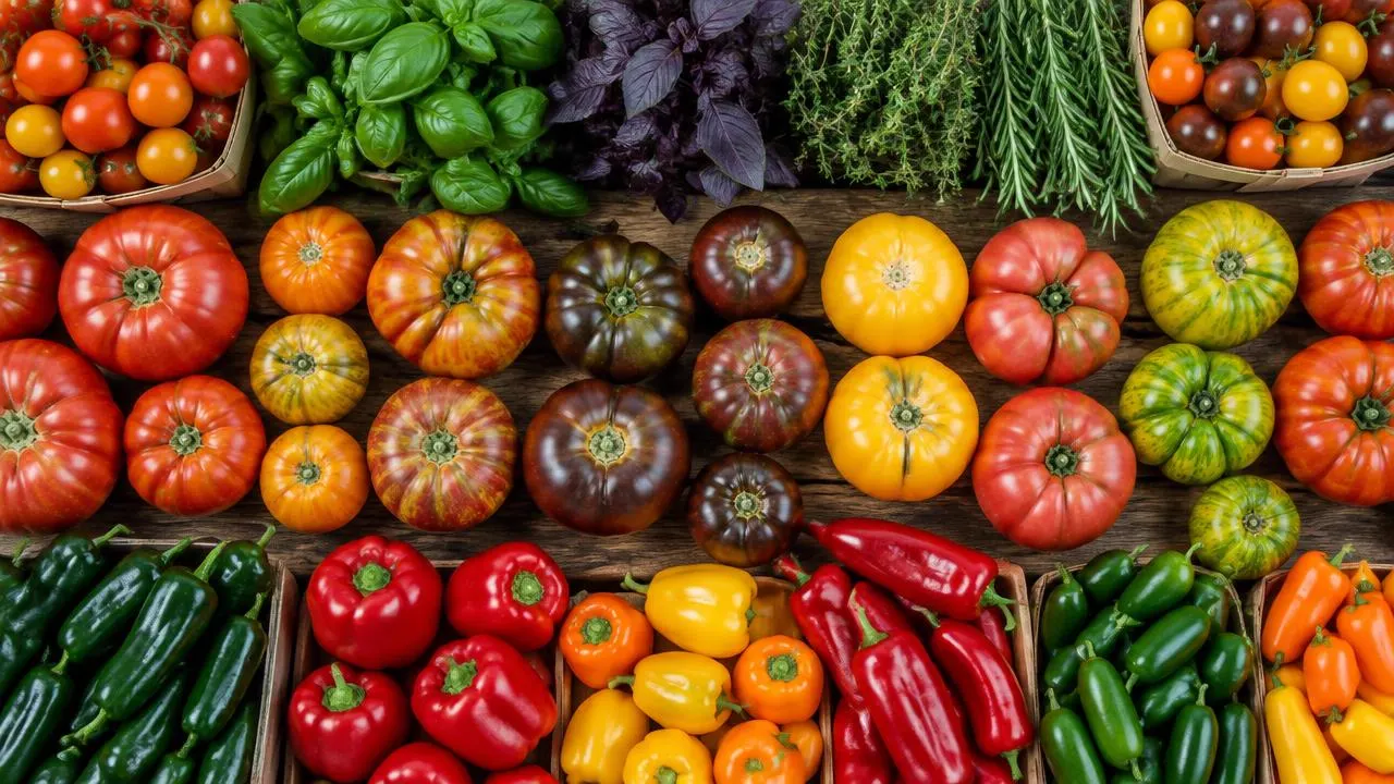 Heirloom tomatoes, peppers and herbs laid out at a farmers market