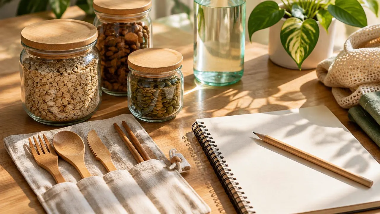 Reusable glass jars, bamboo cutlery and a notebook on a sunlit table