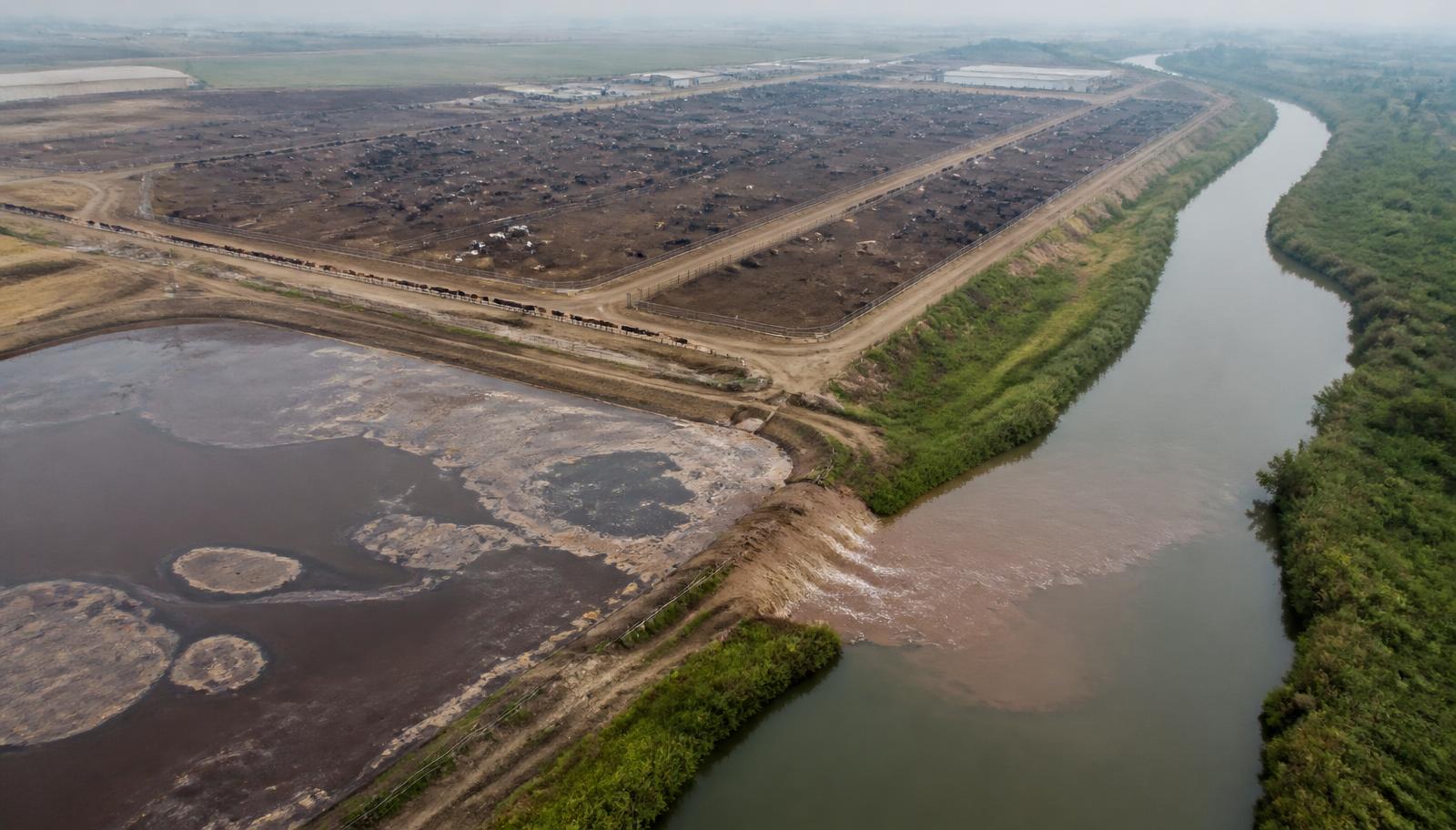 Aerial view of an industrial cattle feedlot beside a manure lagoon, with brown runoff entering an adjacent river.